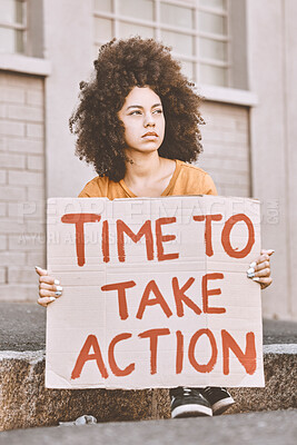 Buy stock photo City, human rights and woman with cardboard sign, student protest in support of women, time for change or action. Freedom, justice and equality, sad angry girl with banner for empowerment on street.