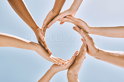 Buy stock photo Hands, people and collaboration in trust circle for community, support and synergy on blue sky. Hope, hand and group with diversity, help and solidarity, environment and team effort blue background
