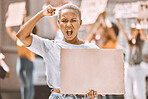 Protest cardboard mock up and black woman in crowd or street portrait with gender equality, human rights and justice with voice and power. Law, politics and activism mockup sign for women empowerment