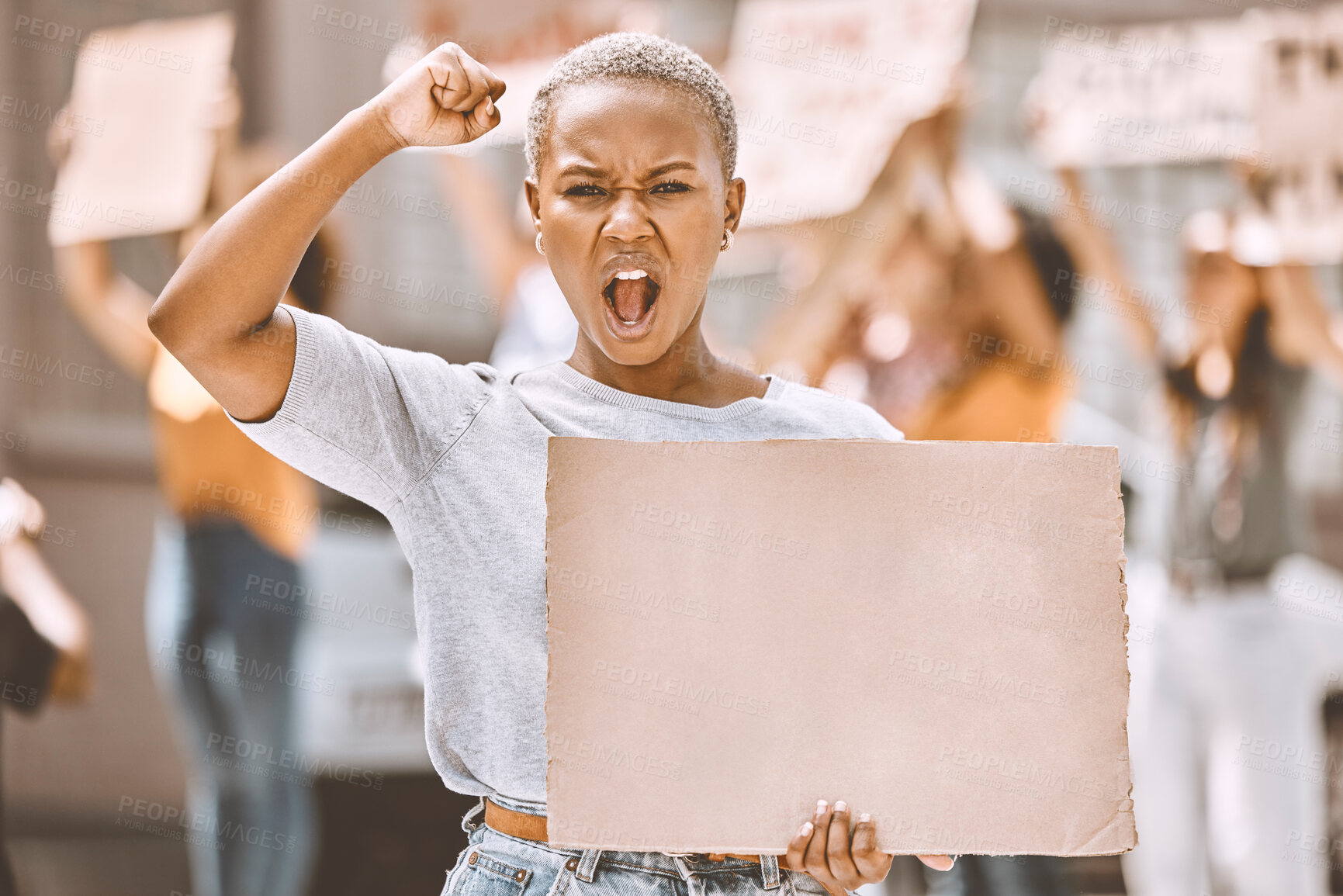 Buy stock photo Protest cardboard mock up and black woman in crowd or street portrait with gender equality, human rights and justice with voice and power. Law, politics and activism mockup sign for women empowerment