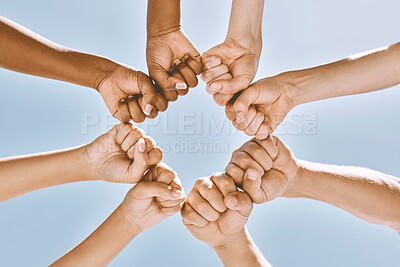 Buy stock photo Support, trust and solidarity fist hands circle with low angle for loyalty, mission and friends with cooperation. Connection, hope and community of people together for social commitment.

