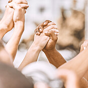 Prayer, hands and people in support of worship, god and religion while ...