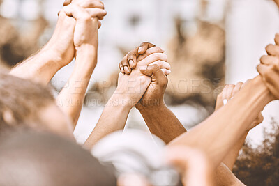 Buy stock photo Prayer, hands and people in support of worship, god and religion while holding hands and bonding outdoors. Community, peace and praying by friends with diversity, love and spiritual praise together
