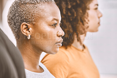 Buy stock photo Black woman face, crowd and fight, equality or human rights march, revolution or community rally. Feminist, silent protest and politics, justice and solidarity of world peace, future hope and support