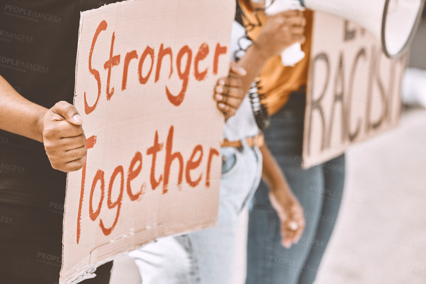 Buy stock photo Protest, sign and equality with a group of people holding cardboard during a rally or march for freedom. Street, community and justice with a crowd fighting for human rights or a politics campaign