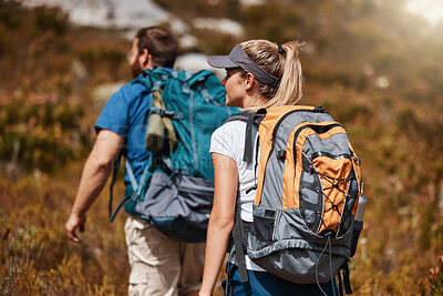 Buy stock photo Hiking, fitness and adventure with a couple in nature for exercise or a weekend getaway in summer. Forest, mountain and travel with a man and woman walking outdoor for health or freedom together