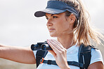 Binoculars, hiking and woman travel in nature for bird watching, trekking and safari adventure. Female hiker sightseeing in park distance, search experience and direction for tourist journey outdoors