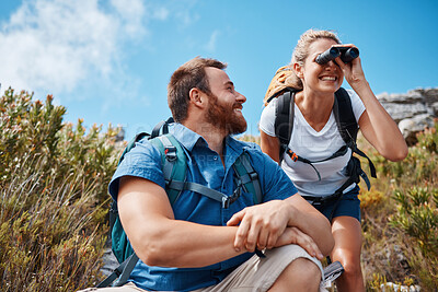 Buy stock photo Woman hiking, using binoculars and couple adventure happy together with smile in nature on travel. Mountain man, backpack girl happiness and outdoor vacation holiday in summer to journey in Cape Town