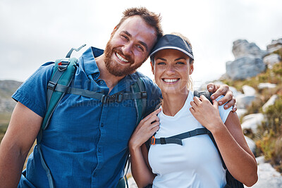 Buy stock photo Hiking, fitness and love with a couple in the mountains for exercise, adventure or cardio during the day. Nature, health and training with a man and woman walking outdoor on a mountain trail together