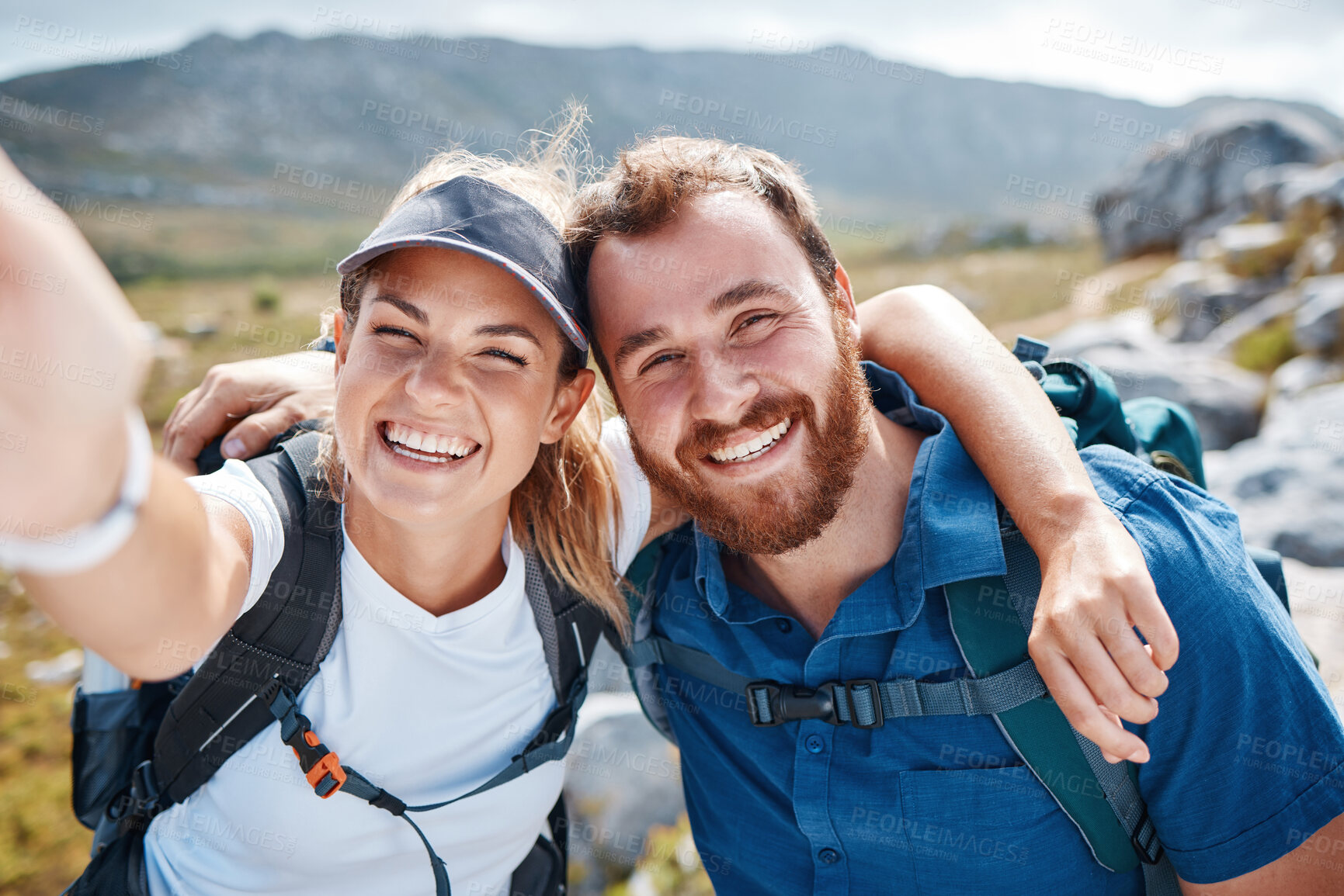 Buy stock photo Hiking, selfie and love with a couple in the mountains for fitness, exercise or adventure together. Portrait, nature and bonding with a man and woman walking outdoor on a natural mountain trail