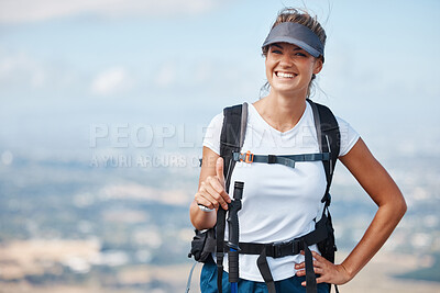 Buy stock photo Hiker woman, hiking and thumbs up outdoor with smile in adventure portrait, travel and success trekking up mountain. Fitness, freedom and happy to win, backpacking and tourist in nature. 