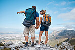 Hiking, view and fitness with a couple in the mountains for health, exercise or sightseeing together in summer. Earth, nature and travel with a man and woman outdoor on a mountain trail or peak