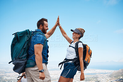 Buy stock photo Hiking, high five and happy couple on an adventure in nature while on summer vacation in South Africa. Happiness, freedom and friends trekking on an outdoor trail for exercise on holiday or journey.