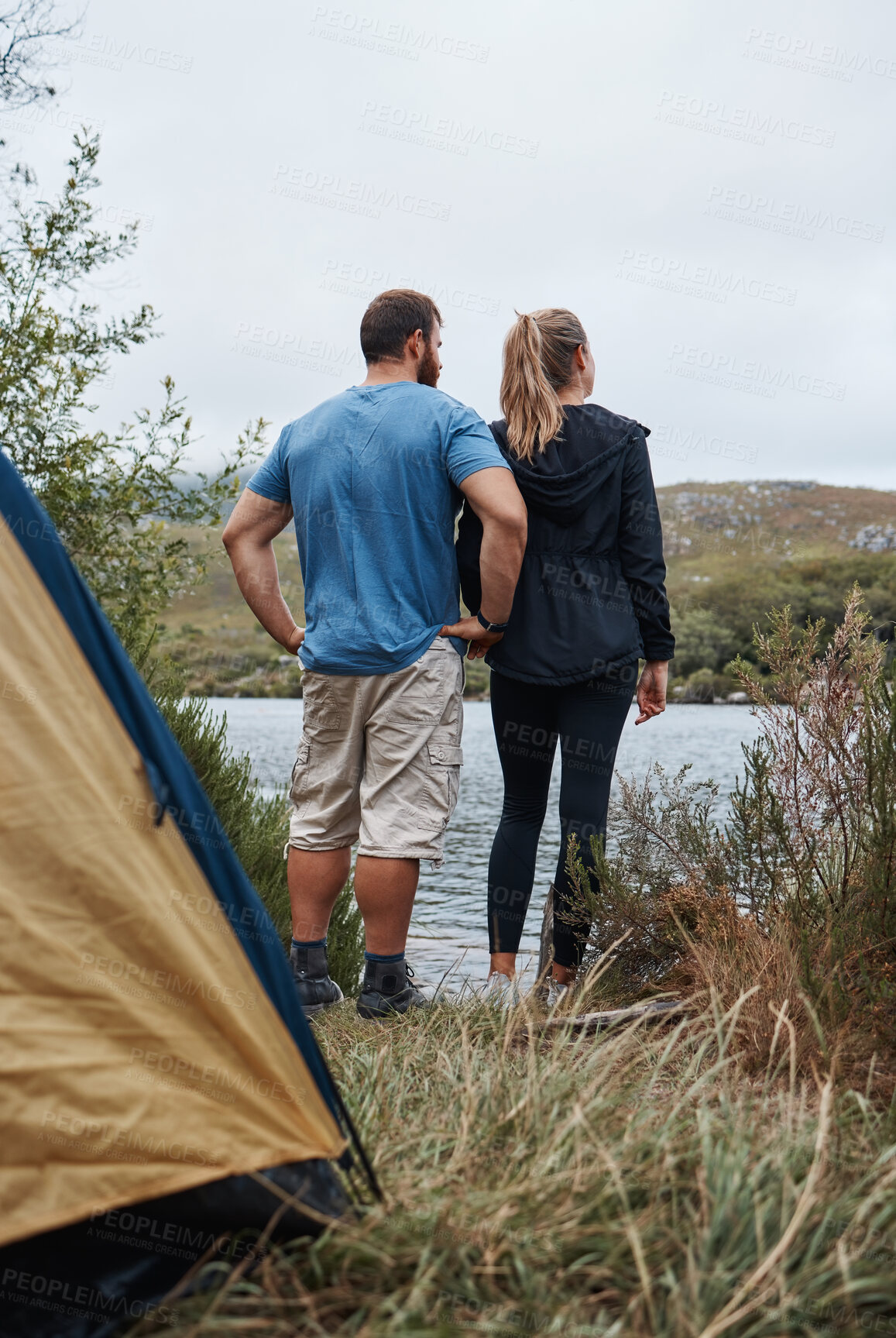 Buy stock photo Relax, camping and nature with couple at lake for adventure, vacation and health trip. Journey, peace and lifestyle with man and woman thinking in countryside for travel, summer or freedom together