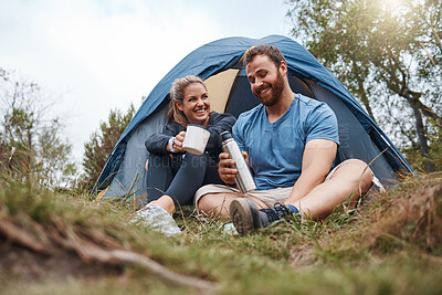 Buy stock photo Love, couple and camp with tent, coffee and smile and with flask in nature and happy. Romance, man and woman bonding, romantic getaway and camping for happiness, connect and laugh together in morning