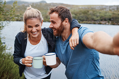 Buy stock photo Nature, camping and selfie couple with coffee drink happy with adventure vacation at Mexico lake. Holiday, relax and happiness of people enjoying warm beverage in camper mug photograph.

