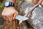 Camping man, knife and cut wood, tree branch and sharp stick for campfire, hunting and outdoor hiking. Hiker hands, sharp tool and carving plants in nature, forest or survival woods, weapon and spear