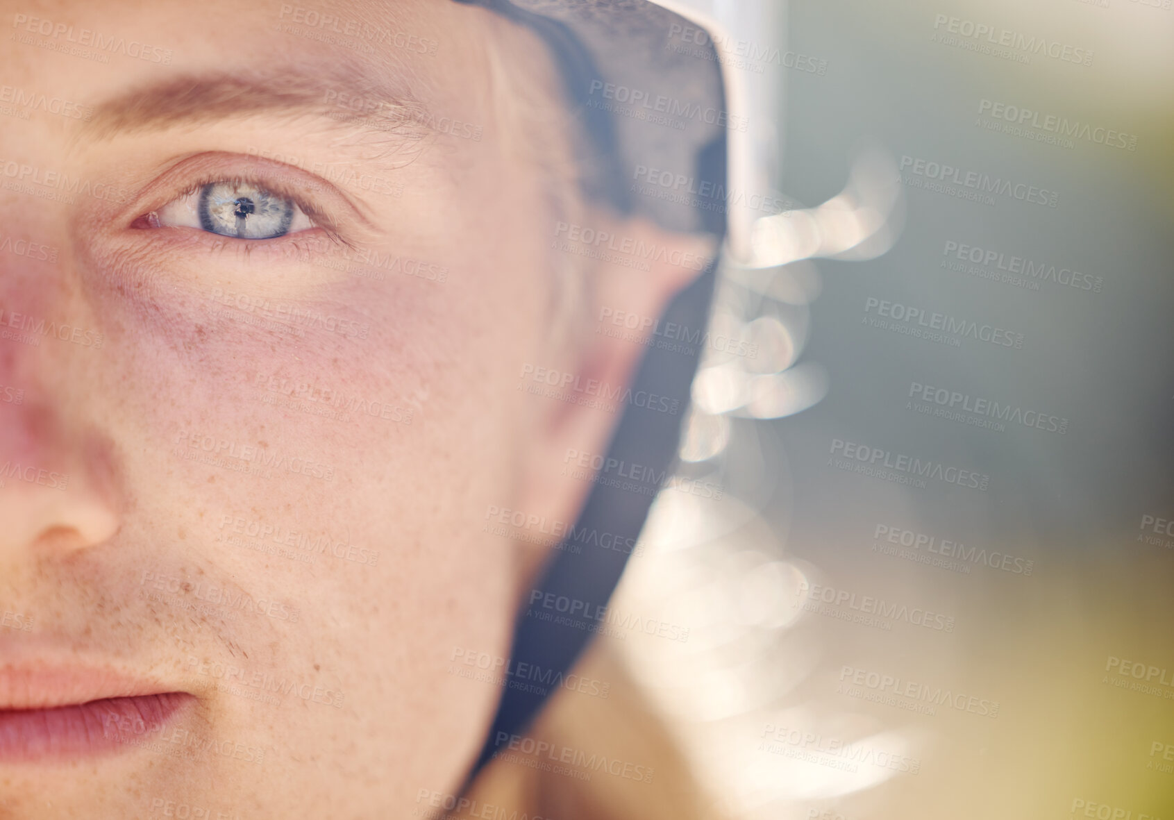 Buy stock photo Man, eye closeup and face in nature for healthy skincare or exercise adventure. Young athlete, sports training motivation and facial wellness vision for focus mindset in outdoor bokeh background