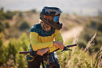 Buy stock photo Bike, athlete and sport outdoor, cycling and break with helmet for safety and fitness with mountain bike through woods. Biker with bicycle, nature and extreme sports, relax and rest after exercise.