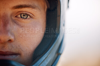 Buy stock photo Safety, helmet and face portrait of biker for outdoor sports, action and adventure. Mountain bike, motorcross and man with biking gear ready for cycling, riding and dirt racing on motorcycle for fun