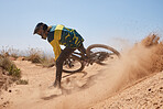 Mountain bike, dust and man cycling on dirt path for action, speed and travel adventure for sports fitness, exercise or workout. Athlete health, journey and bicycle cyclist training for marathon race