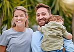 Smile, portrait and family in nature for love, relax and peace together on a holiday in Portugal. Happy, vacation and mother and father with a sleeping child in a backyard or garden in summer
