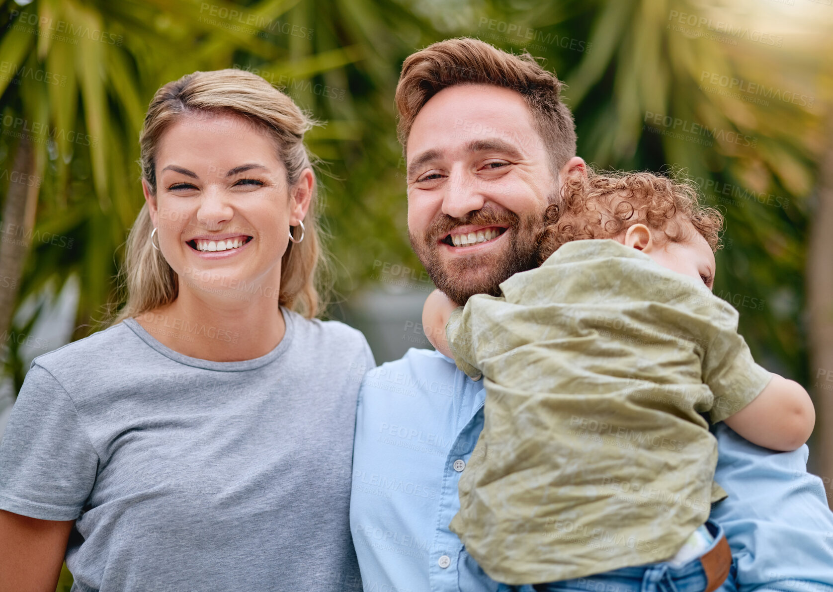 Buy stock photo Smile, portrait and family in nature for love, relax and peace together on a holiday in Portugal. Happy, vacation and mother and father with a sleeping child in a backyard or garden in summer