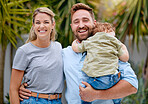 Happy family hug, love and care in park, garden and nature for lifestyle, kid and together outdoor. Portrait of smile man, relax woman and little boy in summer backyard  on vacation in Costa rica