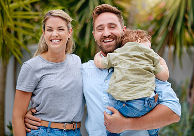 Buy stock photo Happy family hug, love and care in park, garden and nature for lifestyle, kid and together outdoor. Portrait of smile man, relax woman and little boy in summer backyard  on vacation in Costa rica