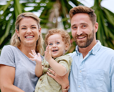 Buy stock photo Family, baby and fun for love, bond and care in the garden outside. Happy parents bonding with their son in the park with loving, caring and affection. Kids, summer and mother and father together 