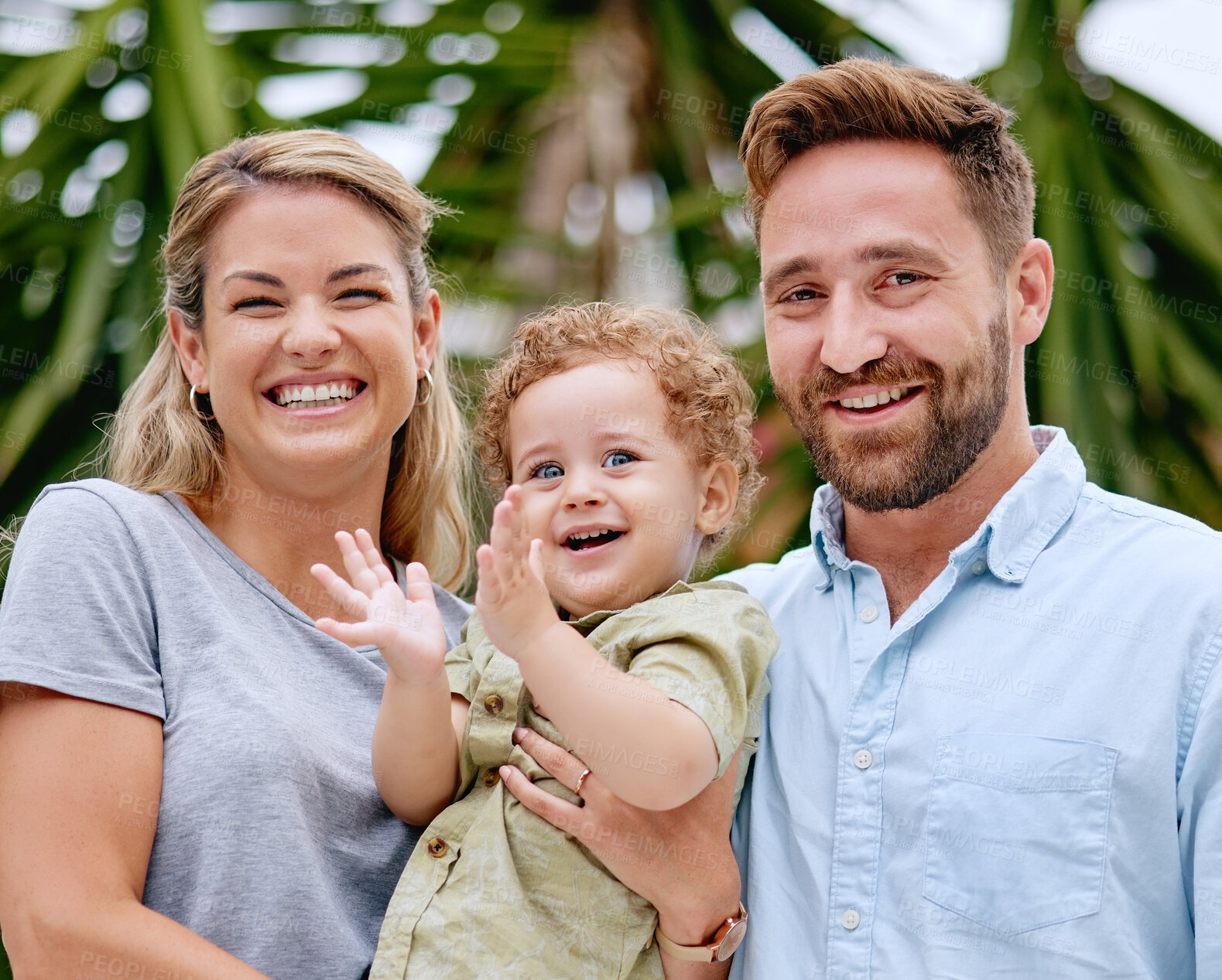 Buy stock photo Family, baby and fun for love, bond and care in the garden outside. Happy parents bonding with their son in the park with loving, caring and affection. Kids, summer and mother and father together 