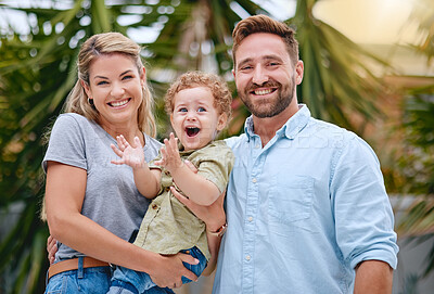 Buy stock photo Family, parents with child and outdoor, happy together in portrait, travel and vacation in summer. Mother, father and baby, love with bonding and spending quality time at tropical destination.