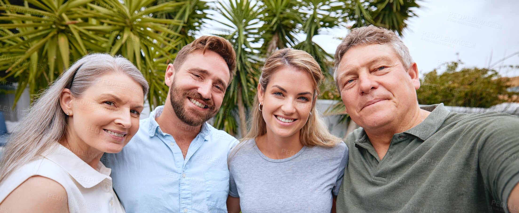 Buy stock photo Selfie and portrait of family in a garden with love, hug and peace together. Happy, smile and relax mother and father with adult children, photo and relax on holiday in nature of Turkey
