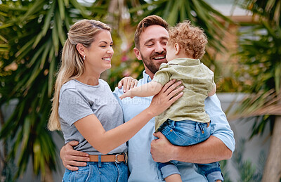 Buy stock photo Family, love and parents with child in garden with smile, happy and hug together in summer. Excited, relax and loving mother and father on outdoor holiday with a kid in a park, nature or backyard