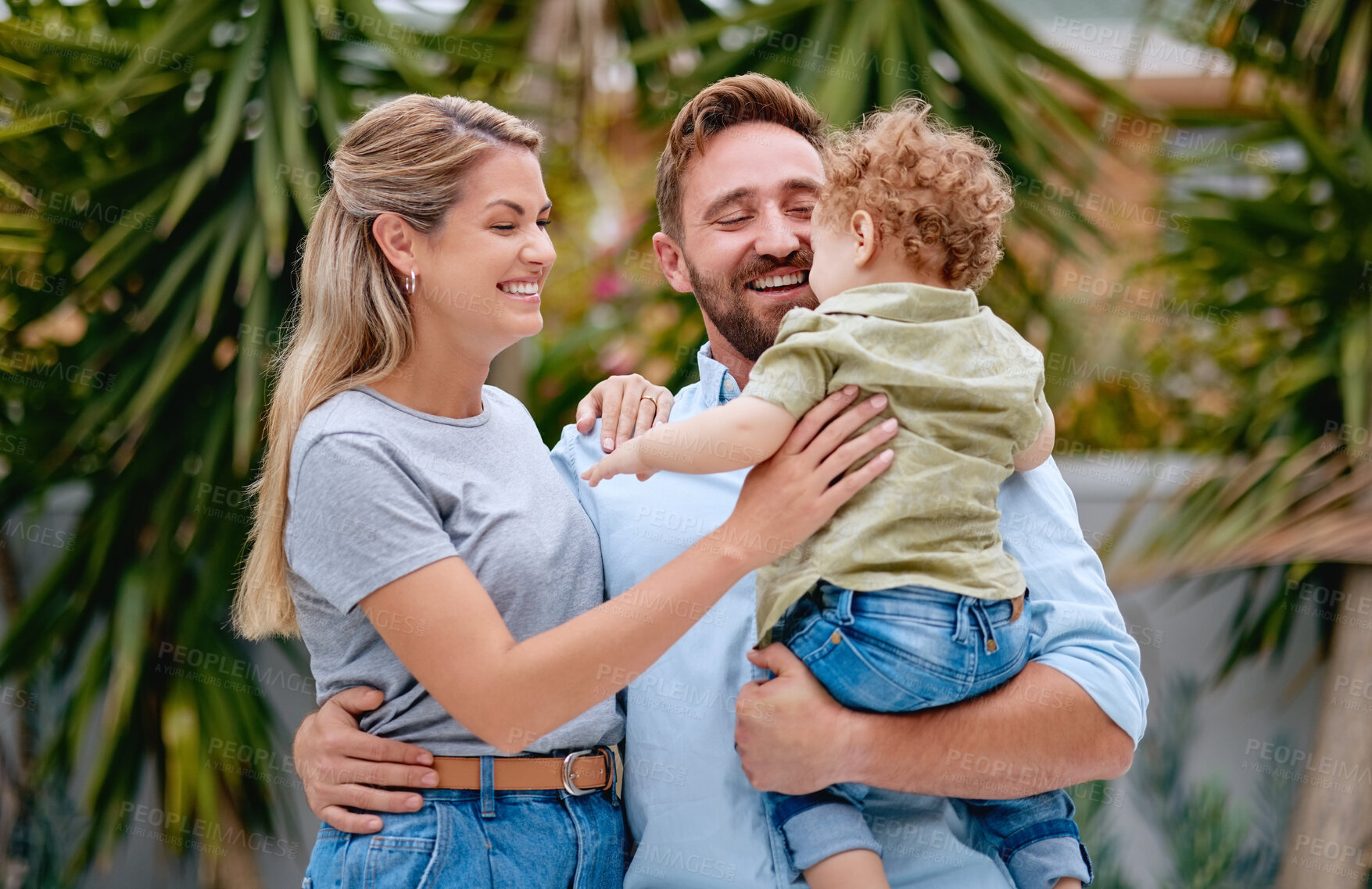 Buy stock photo Family, love and parents with child in garden with smile, happy and hug together in summer. Excited, relax and loving mother and father on outdoor holiday with a kid in a park, nature or backyard