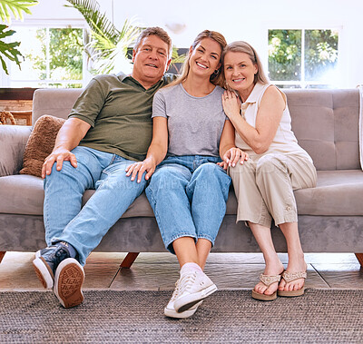 Buy stock photo Family, portrait and grandparents with woman on sofa in home, bonding and enjoying quality time together. Smile, relax and daughter, grandma and grandpa in living room on holiday visit in house.
