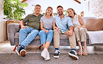 Big family, portrait and love on sofa in home, bonding and enjoying quality time together. Family care, generations and grandma, grandpa and man and woman on couch in living room relaxing in house.