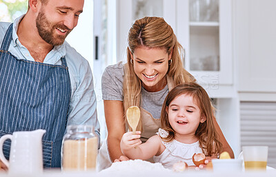 Buy stock photo Cooking, family and bakery food in kitchen with child learning, helping and happy with smile. Family home, mother and dad teaching young kid baking flour recipe for cake, cookies or pancakes.

