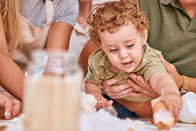 Buy stock photo Love, parents and baby with cake for birthday party or celebration together. Adorable child, mother and father celebrate happiness and kids hands playing with food or desert on table in family home
