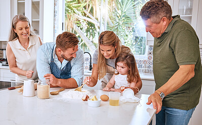 Buy stock photo Grandparents, parents and child baking in kitchen have fun, bond and learning together. Big family, love and mom and dad teaching girl to cook, bake and develop chef skills with grandpa and grandma