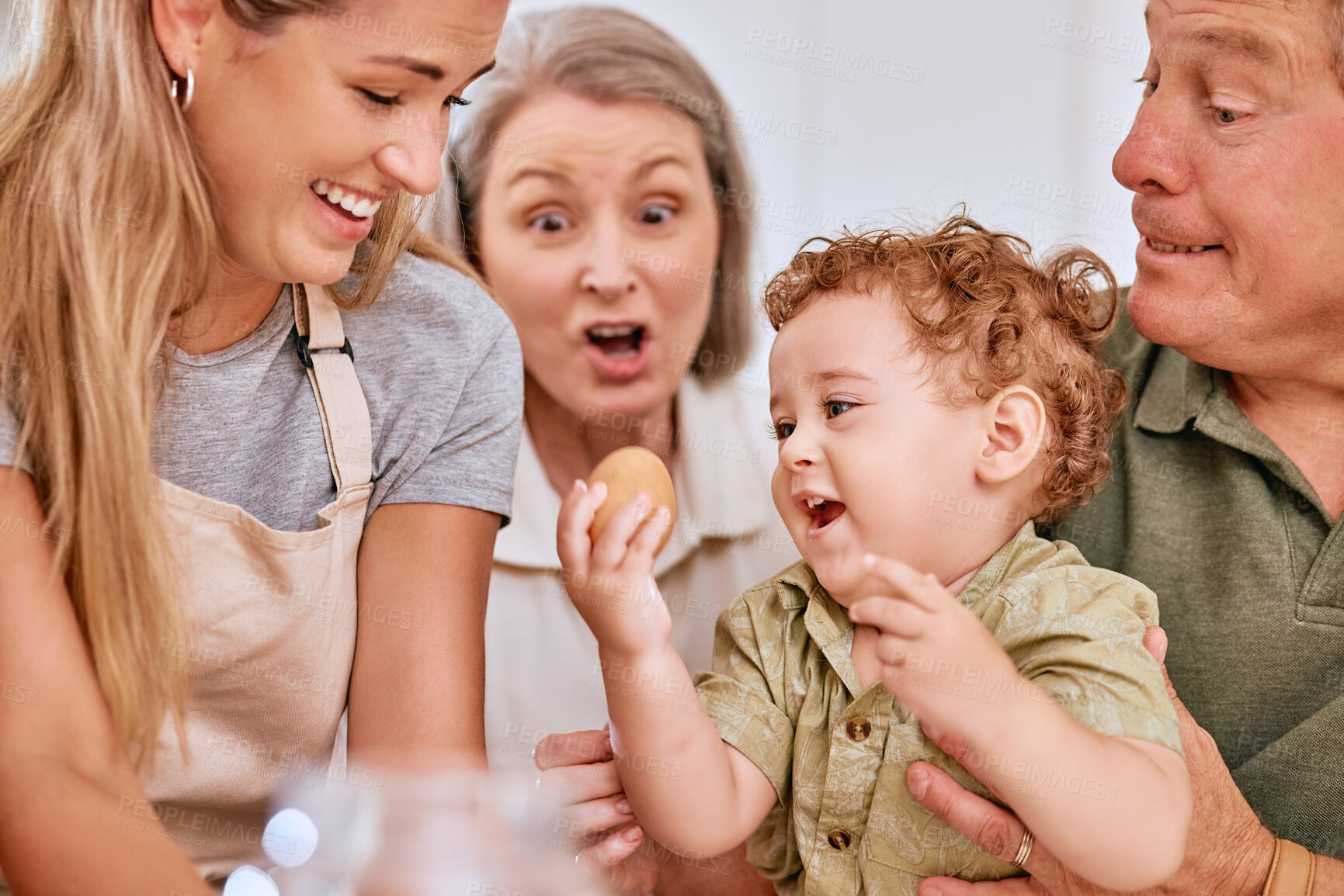 Buy stock photo Family, kitchen and happy with baby, baking and bonding in home. Mother, smile and boy child cooking for happiness, love and time together with egg, fun and grandparents help for cookies in house