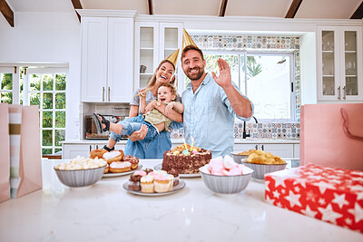 Buy stock photo Family, kid and birthday celebration on video call for fun, love and caring. Mother, father and celebrating son birthday party  at home on a video conference with cake, gifts and decoration in house