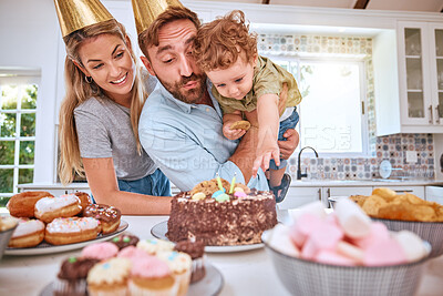 Buy stock photo Family, birthday and celebrating child with party and cake at home while having fun. Mother, father and little boy celebration with a birthday party, dessert and sweet candy for love and care