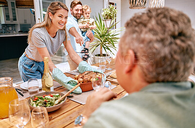 Buy stock photo Thanksgiving, celebration and family serving food, having lunch together in family home. Grandparents, parents and child ready to eat turkey on holiday, festival and vacation, celebrating tradition