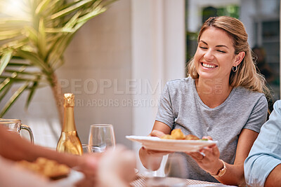 Buy stock photo Woman happy holding dinner plate, dinner table celebration and people group with bottle champagne on holiday. Festive girl supper, smile happiness and food, family home party or luxury restaurant