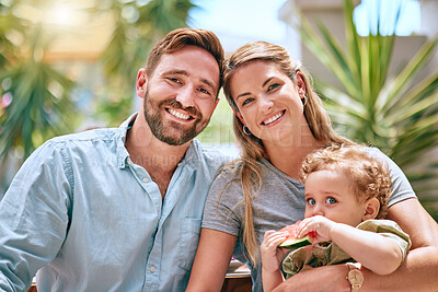 Buy stock photo Family, parents and portrait of child with watermelon enjoying summer, wellness and weekend. Mother, father and young boy with fruit sitting outdoors together with happiness, love and smile on faces