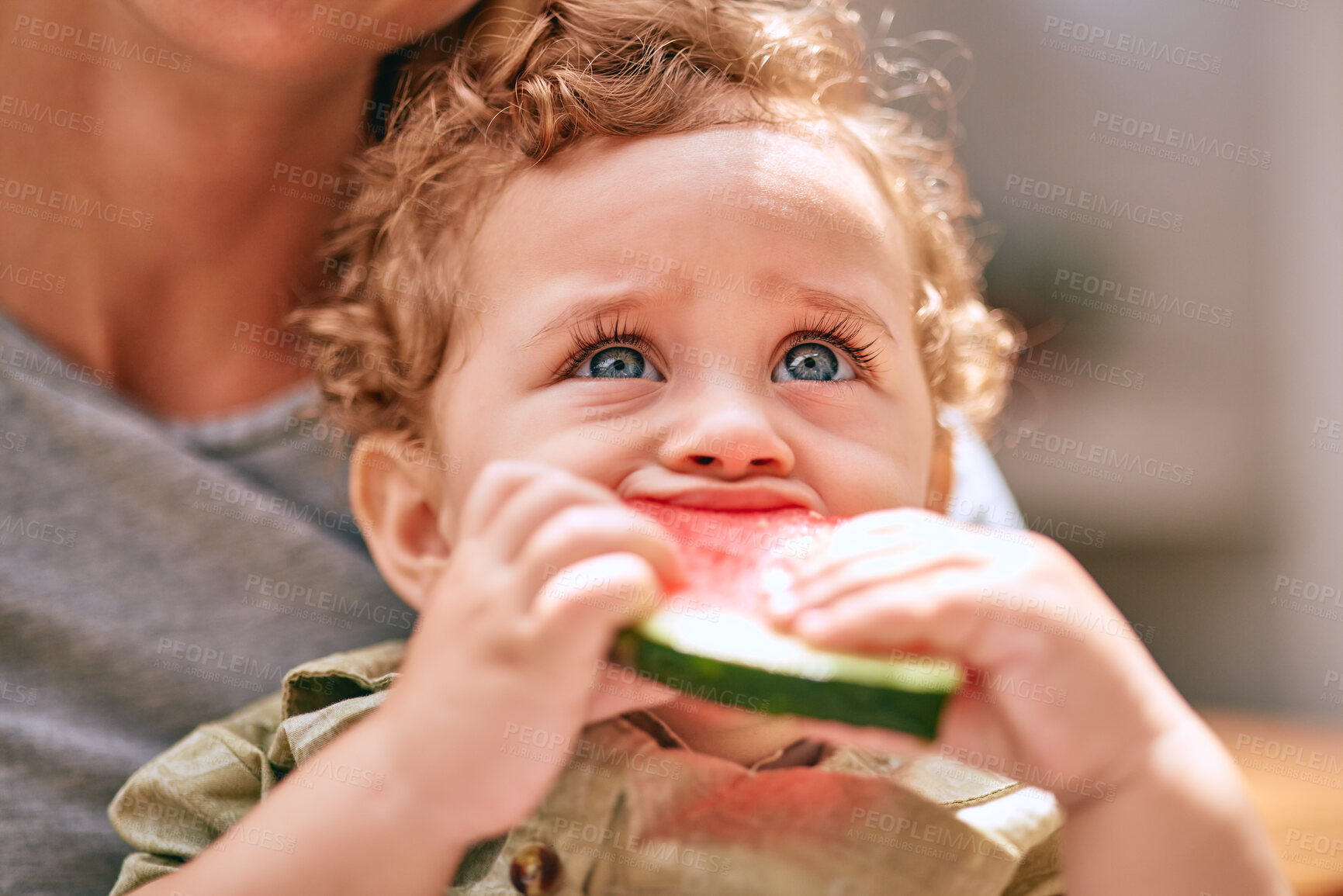 Buy stock photo Baby, water melon and cute with an infant boy child eating fruit with his mother in the home together. Food, health and summer with a young kid biting a piece of watermelon with his mom in a house