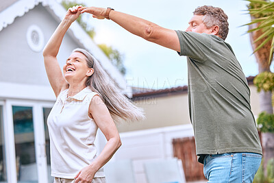 Buy stock photo Senior couple, dancing and happy retirement in summer backyard garden for romance, quality time or relax together. Elderly man, smile woman and dance for anniversary, love and joy celebration outdoor