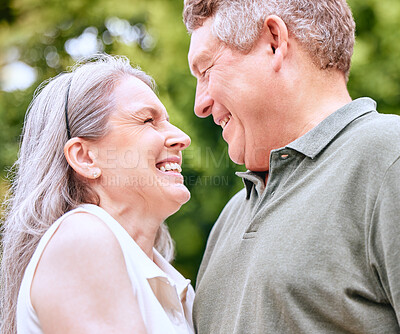 Buy stock photo Senior, couple and love smile of marriage, retirement and care in nature for an anniversary. Happy elderly woman and man loving summer spending quality time together feeling romantic and happiness