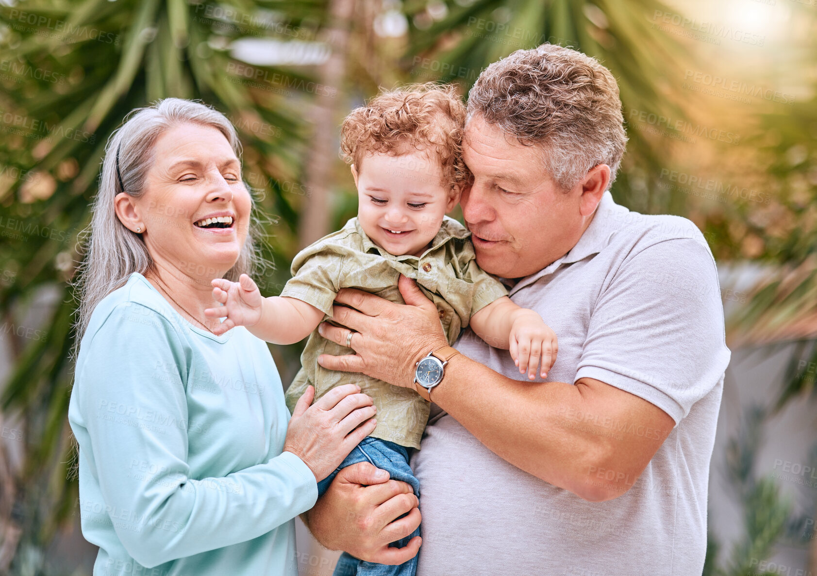 Buy stock photo Family, children and grandparents bonding in the garden of their home with love, care and trust. Kids, retirement and smile with a happy senior man, woman and their grandson in the backyard together